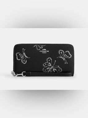 Coach Long Zip Around Wallet With Butterfly Print Black Silver CCL39 NWT